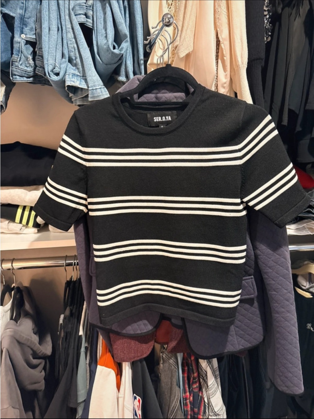 SER.O.YA Black and White Striped Crewneck Short-Sleeve Sweater